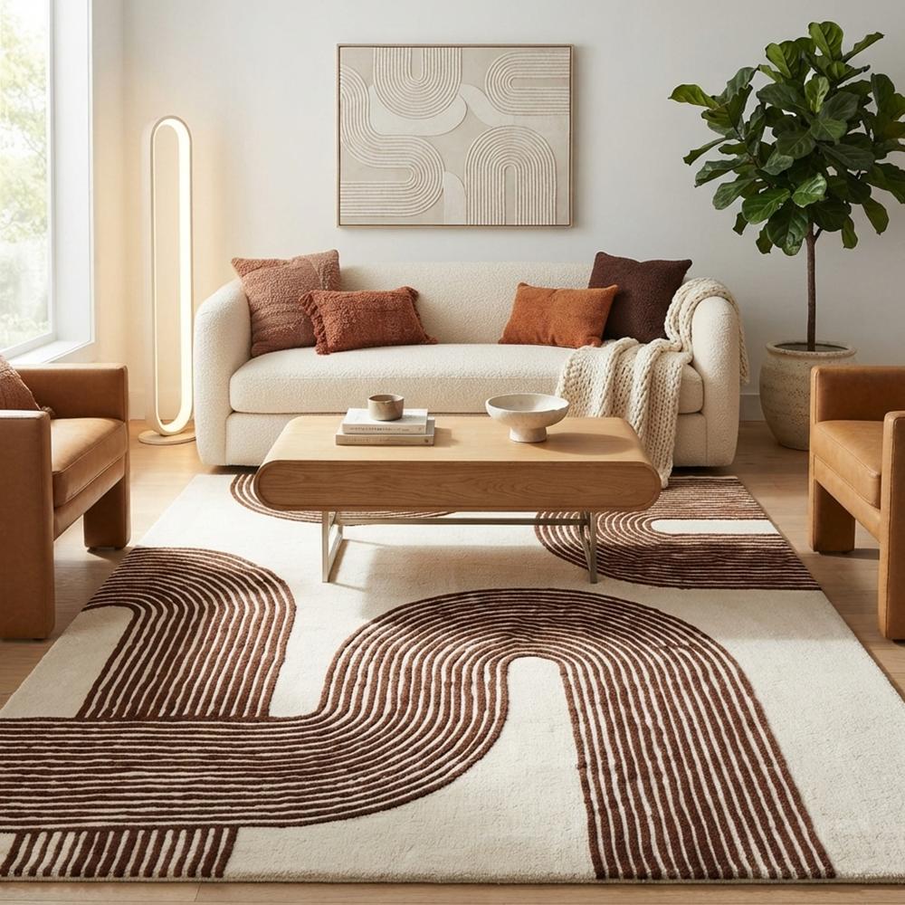 Handmade Modern Abstract Arch Line Pattern Tufted Wool Rug - Terracotta & Cream