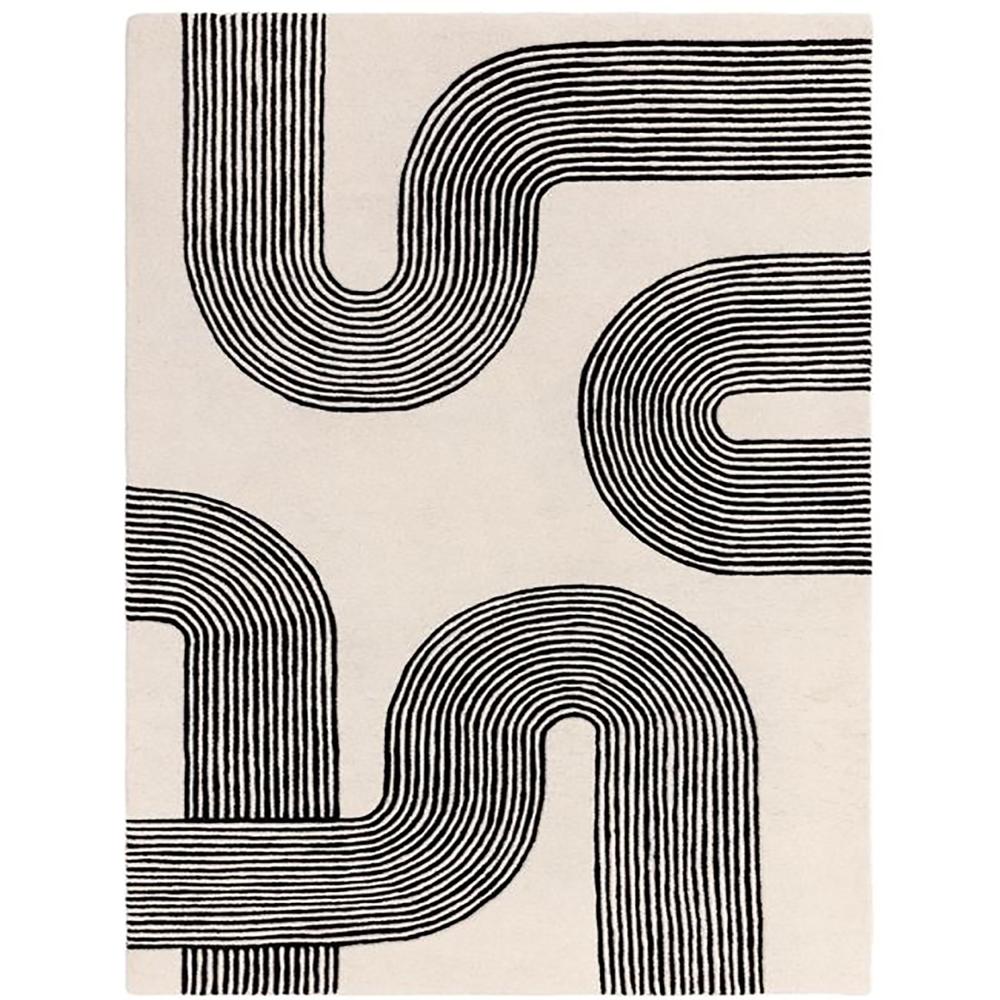 Handmade Modern Abstract Arch Line Pattern Tufted Wool Rug - Black & Cream - Backing Material: Canvas Latex
