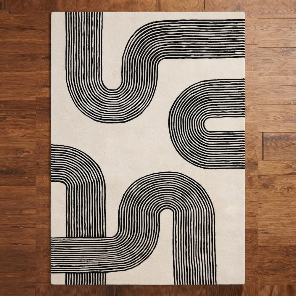 Handmade Modern Abstract Arch Line Pattern Tufted Wool Rug - Black & Cream