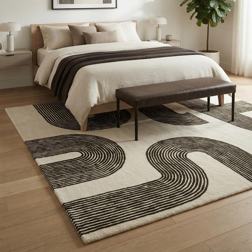 Handmade Modern Abstract Arch Line Pattern Tufted Wool Rug - Black & Cream