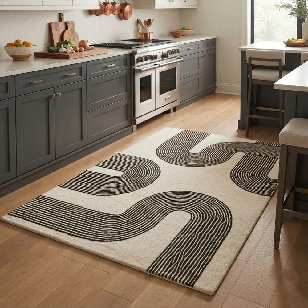 Handmade Modern Abstract Arch Line Pattern Tufted Wool Rug - Black & Cream