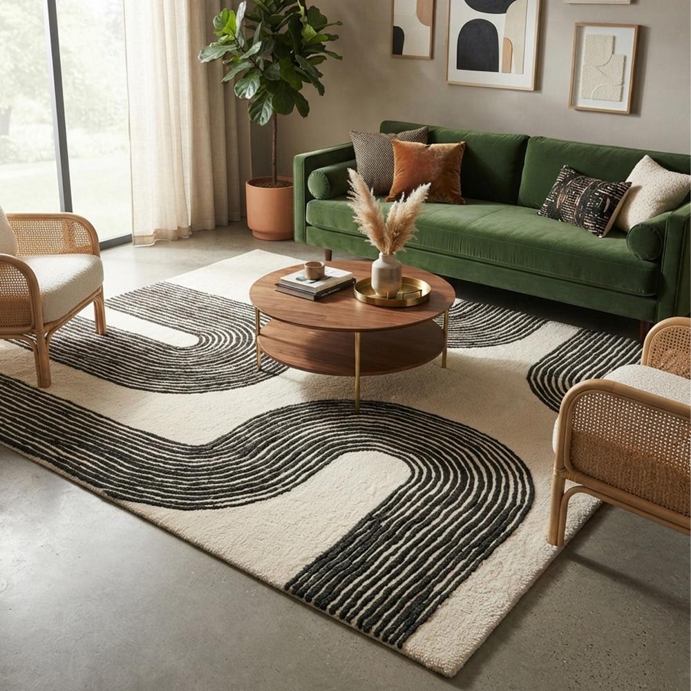Handmade Modern Abstract Arch Line Pattern Tufted Wool Rug - Black & Cream