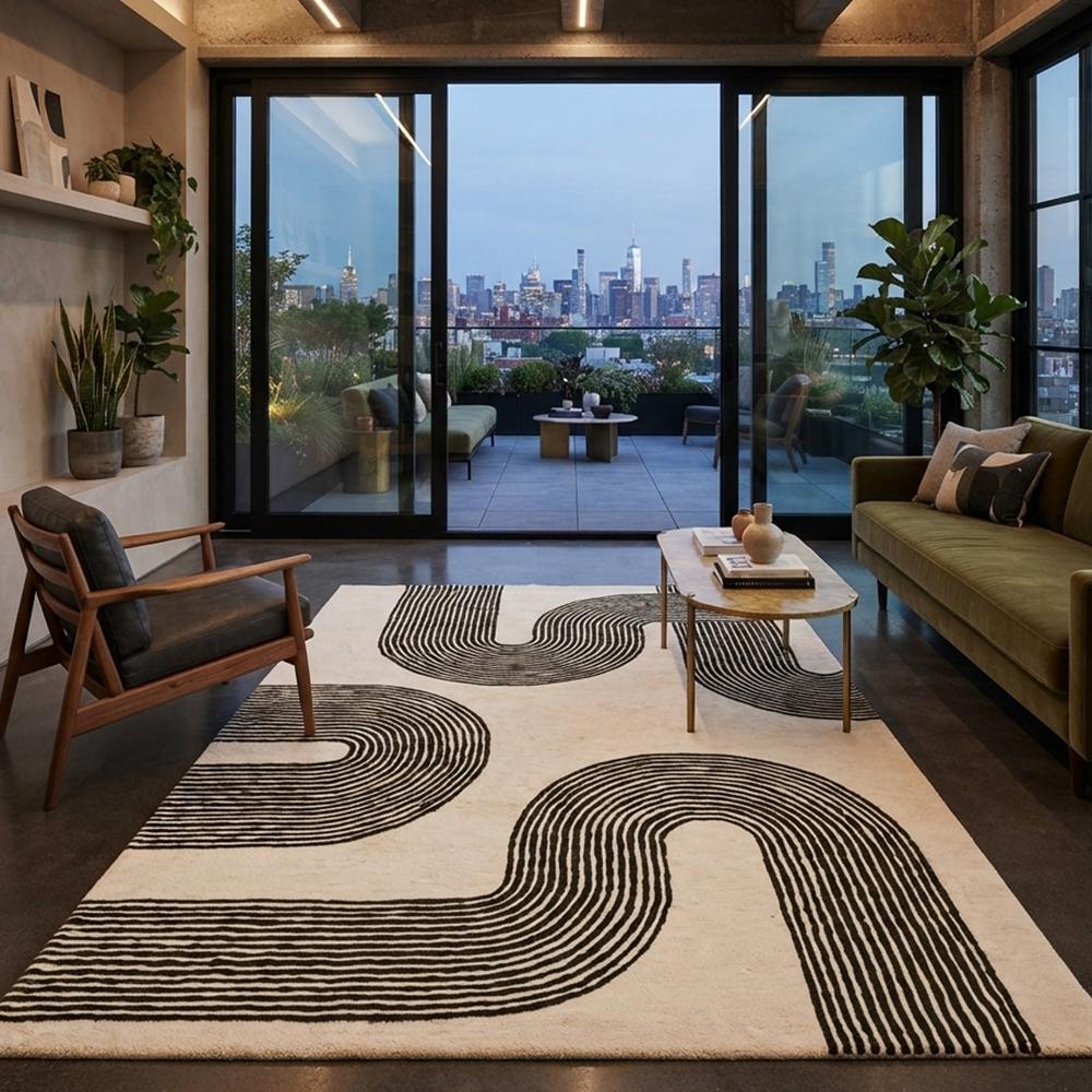 Handmade Modern Abstract Arch Line Pattern Tufted Wool Rug - Black & Cream