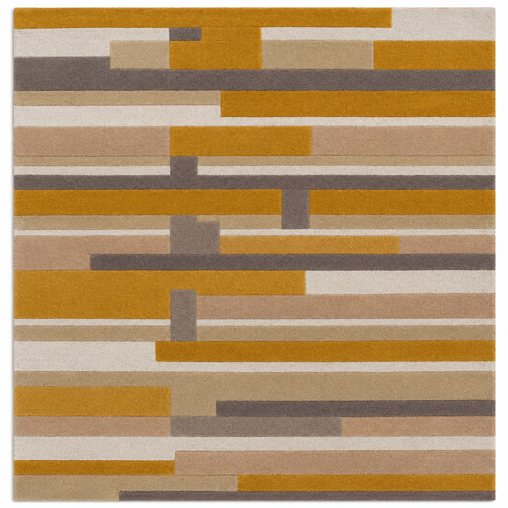 Handmade Modern Geometric Block Grid Tufted Wool Rug - Mustard, Beige & Charcoal