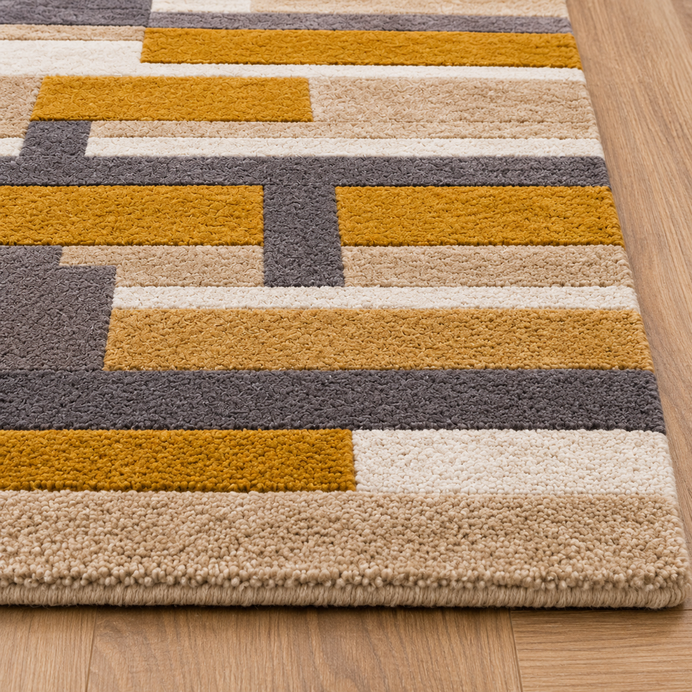 Handmade Modern Geometric Block Grid Tufted Wool Rug - Mustard, Beige & Charcoal