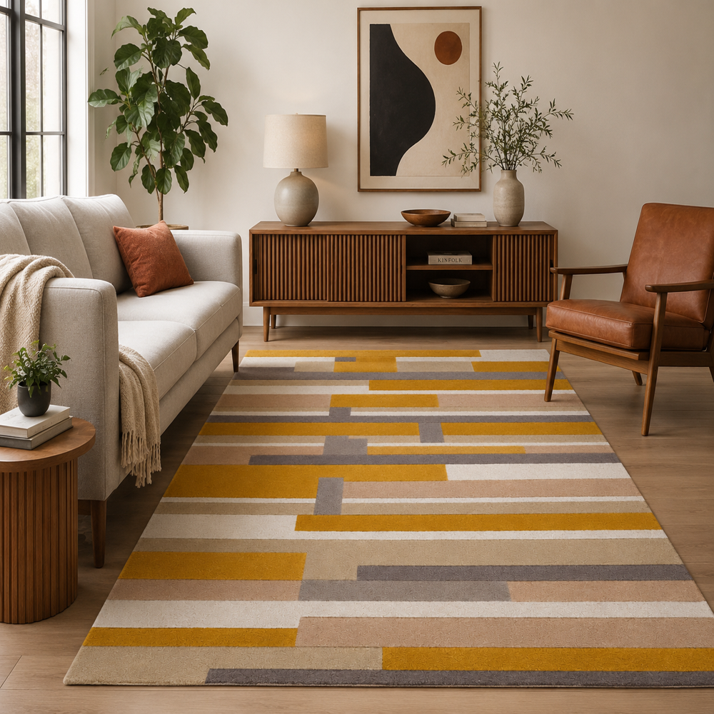 Handmade Modern Geometric Block Grid Tufted Wool Rug - Mustard, Beige & Charcoal