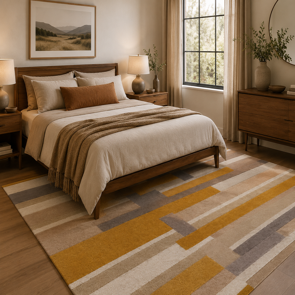 Handmade Modern Geometric Block Grid Tufted Wool Rug - Mustard, Beige & Charcoal