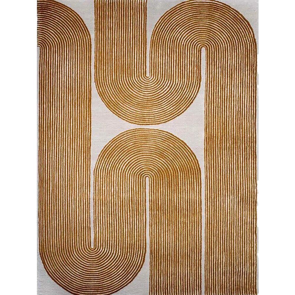 Handmade Modern Abstract Arch Line Pattern Tufted Wool Rug - Ochre Gold & Cream