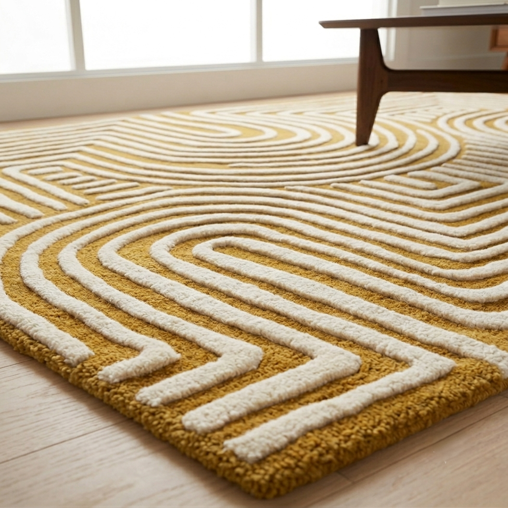 Handmade Modern Geometric Labyrinth Maze Tufted Wool Rug - Mustard Gold & Ivory
