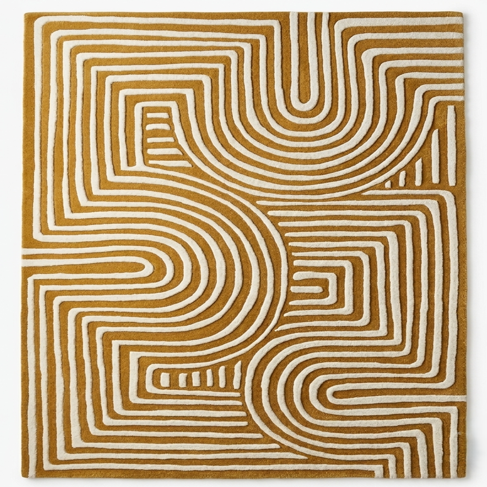 Handmade Modern Geometric Labyrinth Maze Tufted Wool Rug - Mustard Gold & Ivory