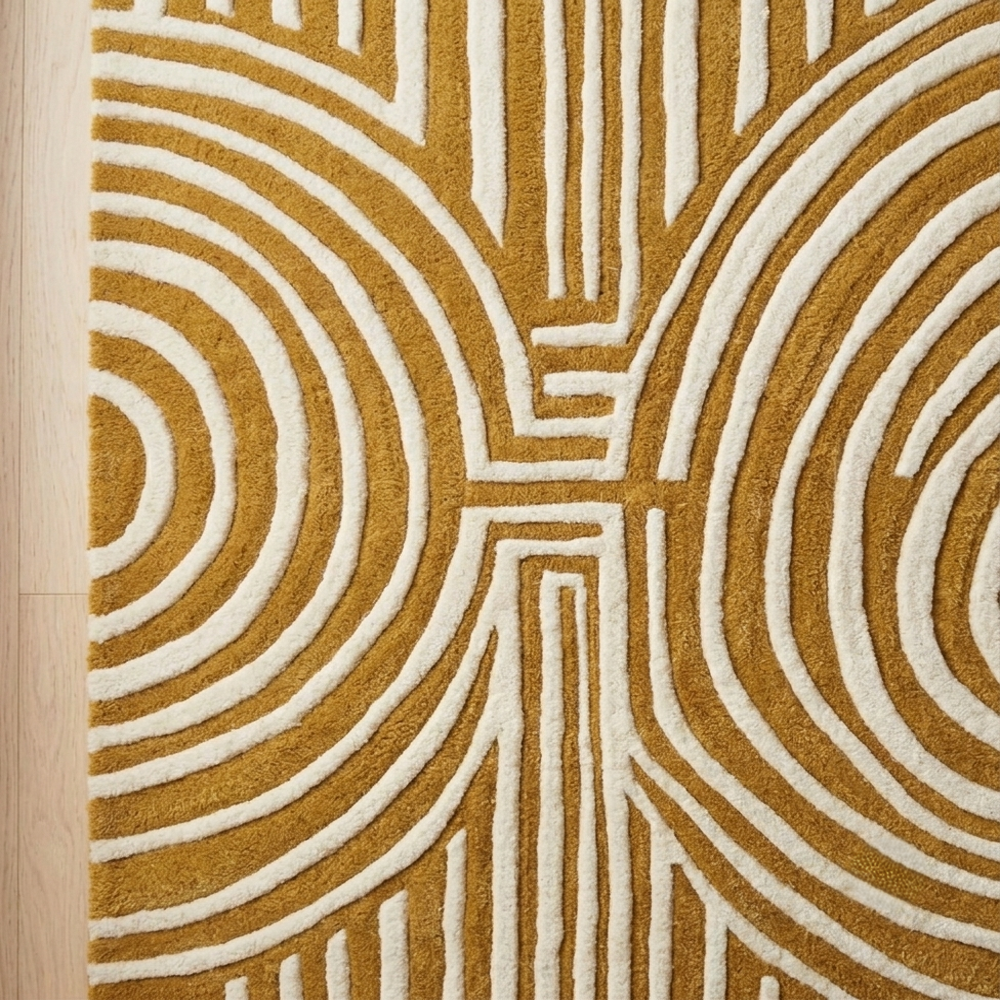 Handmade Modern Geometric Labyrinth Maze Tufted Wool Rug - Mustard Gold & Ivory