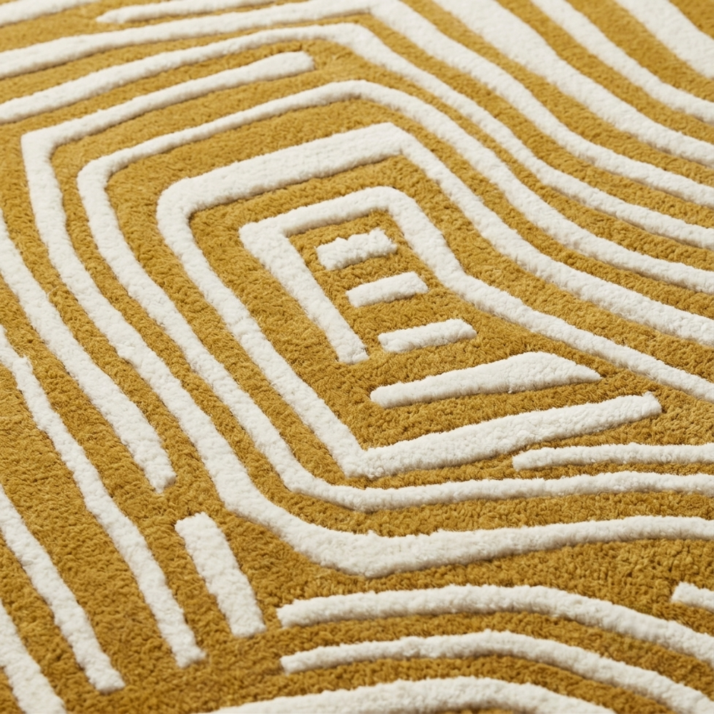 Handmade Modern Geometric Labyrinth Maze Tufted Wool Rug - Mustard Gold & Ivory