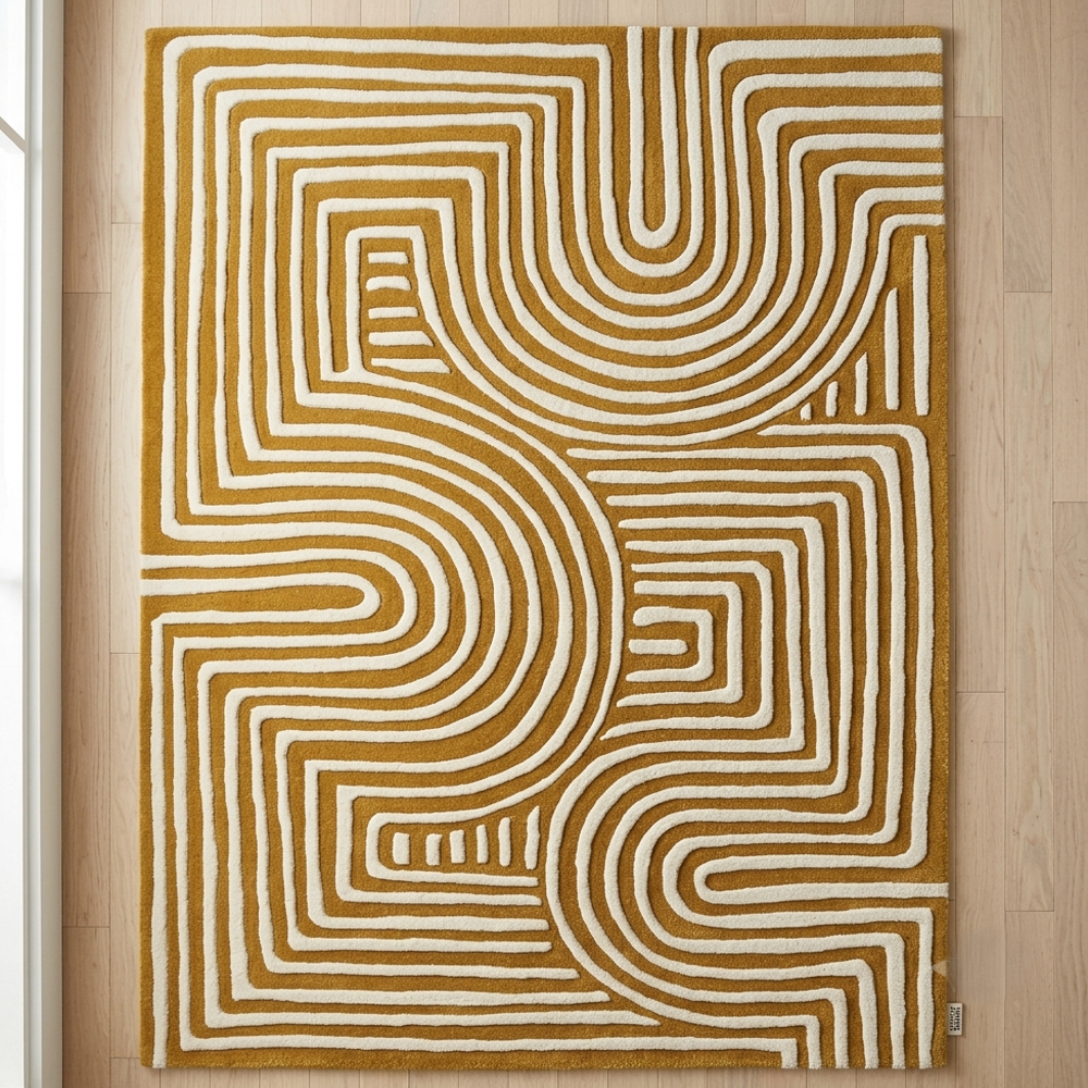 Handmade Modern Geometric Labyrinth Maze Tufted Wool Rug - Mustard Gold & Ivory