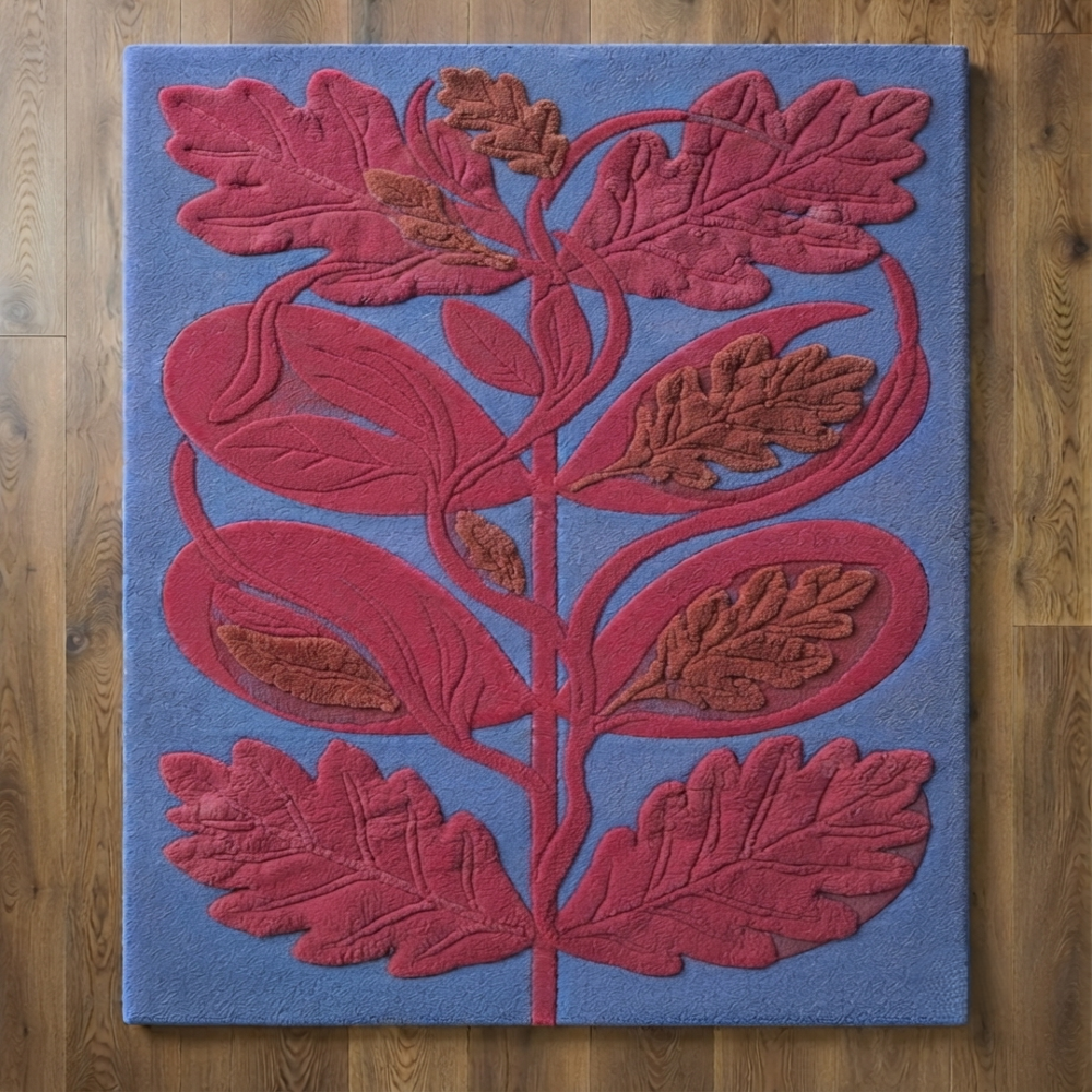 Handmade Modern Botanical Oak Leaf Tufted Wool Rug - Crimson Red & Slate Blue