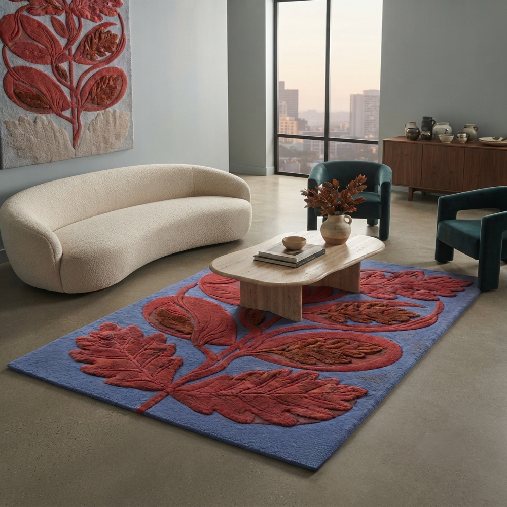 Handmade Modern Botanical Oak Leaf Tufted Wool Rug - Crimson Red & Slate Blue