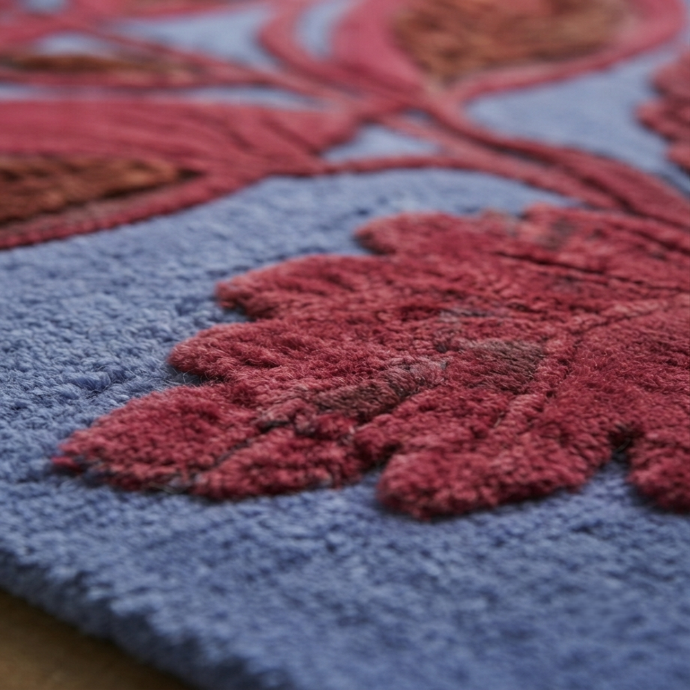 Handmade Modern Botanical Oak Leaf Tufted Wool Rug - Crimson Red & Slate Blue