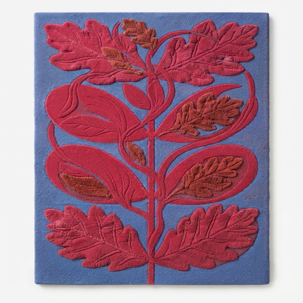 Handmade Modern Botanical Oak Leaf Tufted Wool Rug - Crimson Red & Slate Blue