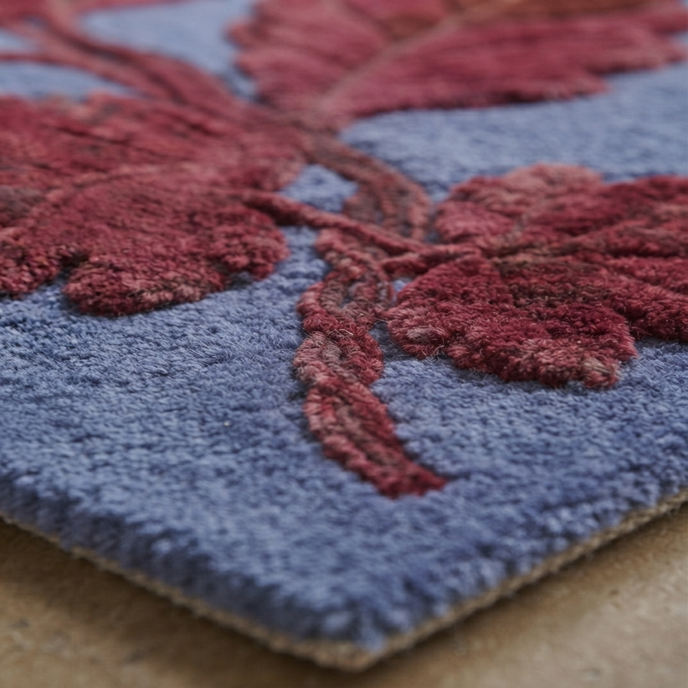 Handmade Modern Botanical Oak Leaf Tufted Wool Rug - Crimson Red & Slate Blue