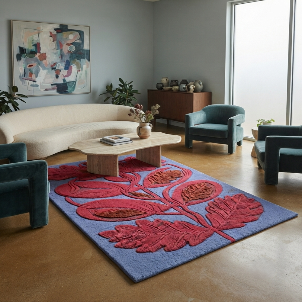 Handmade Modern Botanical Oak Leaf Tufted Wool Rug - Crimson Red & Slate Blue
