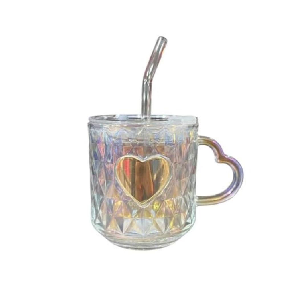 Diamond Pattern Glass Mug With Straw