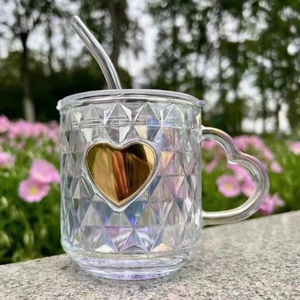 Diamond Pattern Glass Mug With Straw