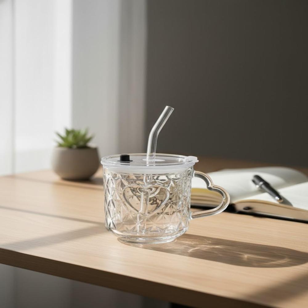 Diamond Pattern Glass Mug With Straw