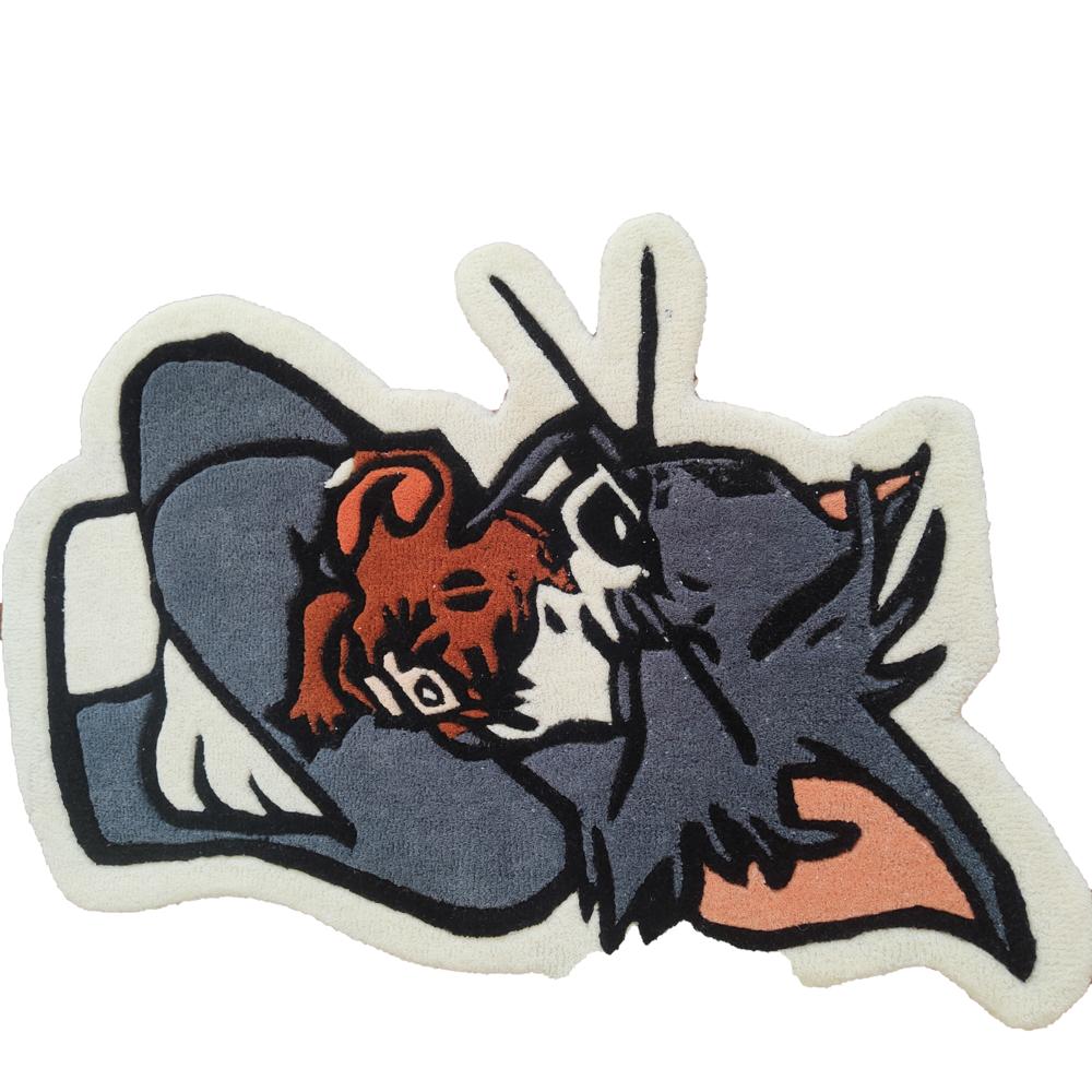 Handmade Novelty Cartoon Cat & Mouse Shaped Tufted Wool Rug - Grey, Brown & Cream - Backing Material: Canvas Latex