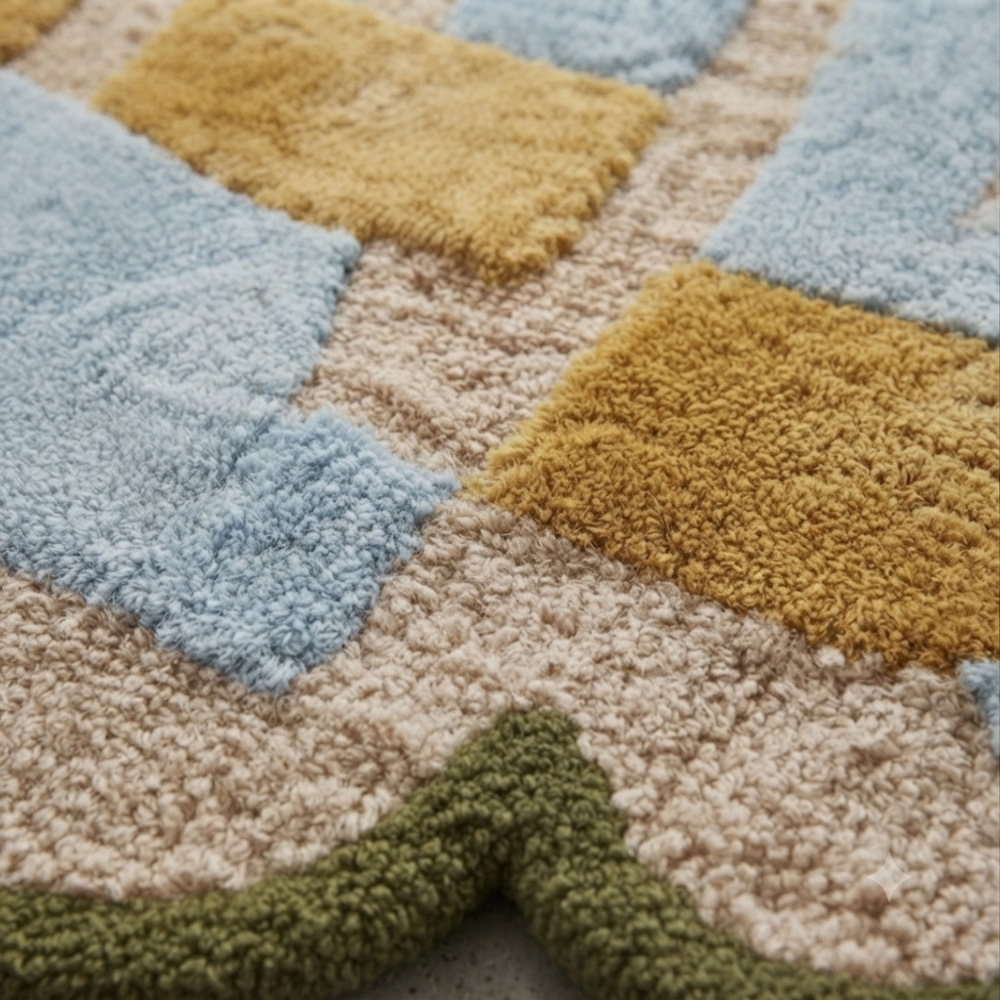 Handmade Scalloped Edge Geometric Abstract Patchwork Tufted Wool Rug - Sky Blue, Mustard & Olive