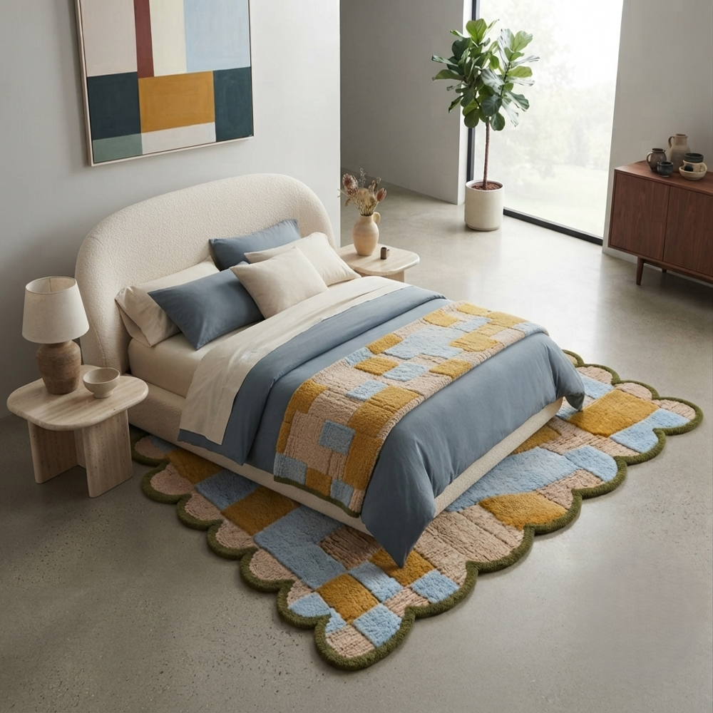 Handmade Scalloped Edge Geometric Abstract Patchwork Tufted Wool Rug - Sky Blue, Mustard & Olive