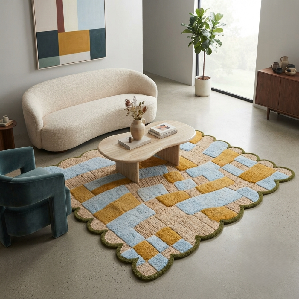 Handmade Scalloped Edge Geometric Abstract Patchwork Tufted Wool Rug - Sky Blue, Mustard & Olive