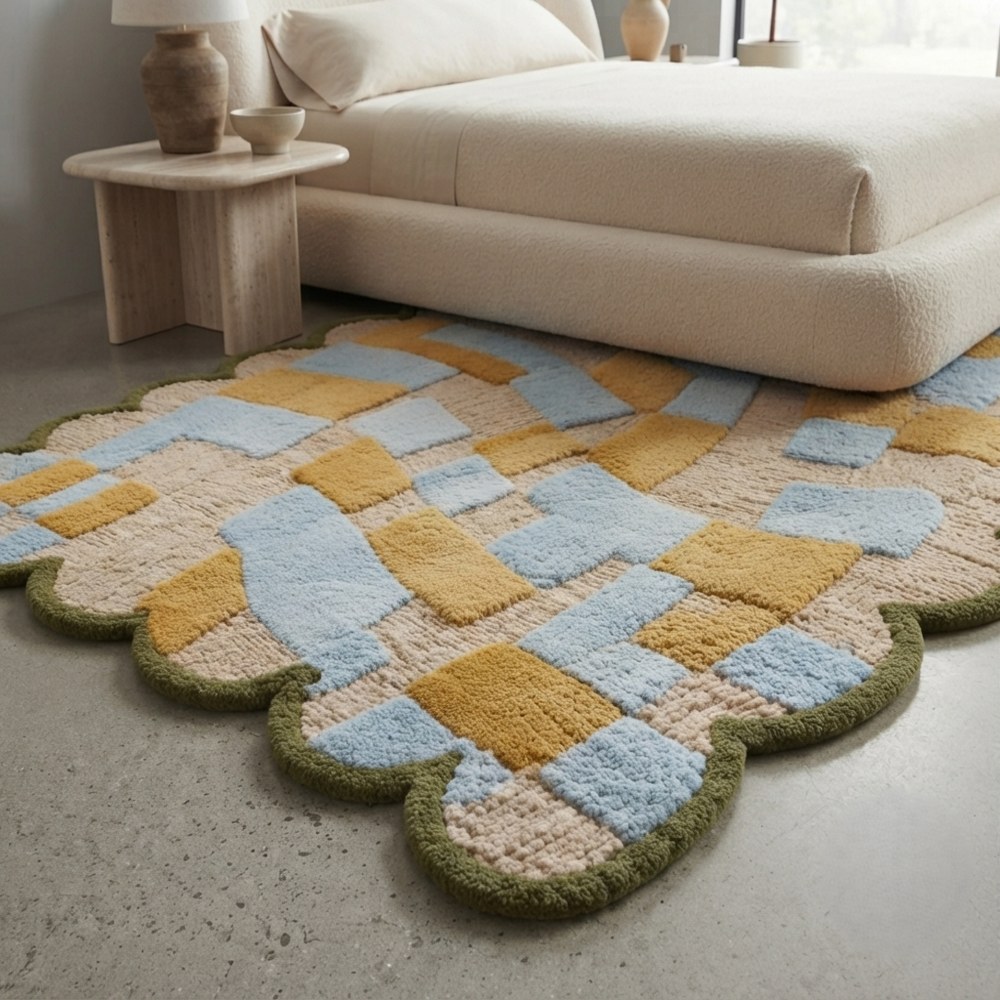 Handmade Scalloped Edge Geometric Abstract Patchwork Tufted Wool Rug - Sky Blue, Mustard & Olive