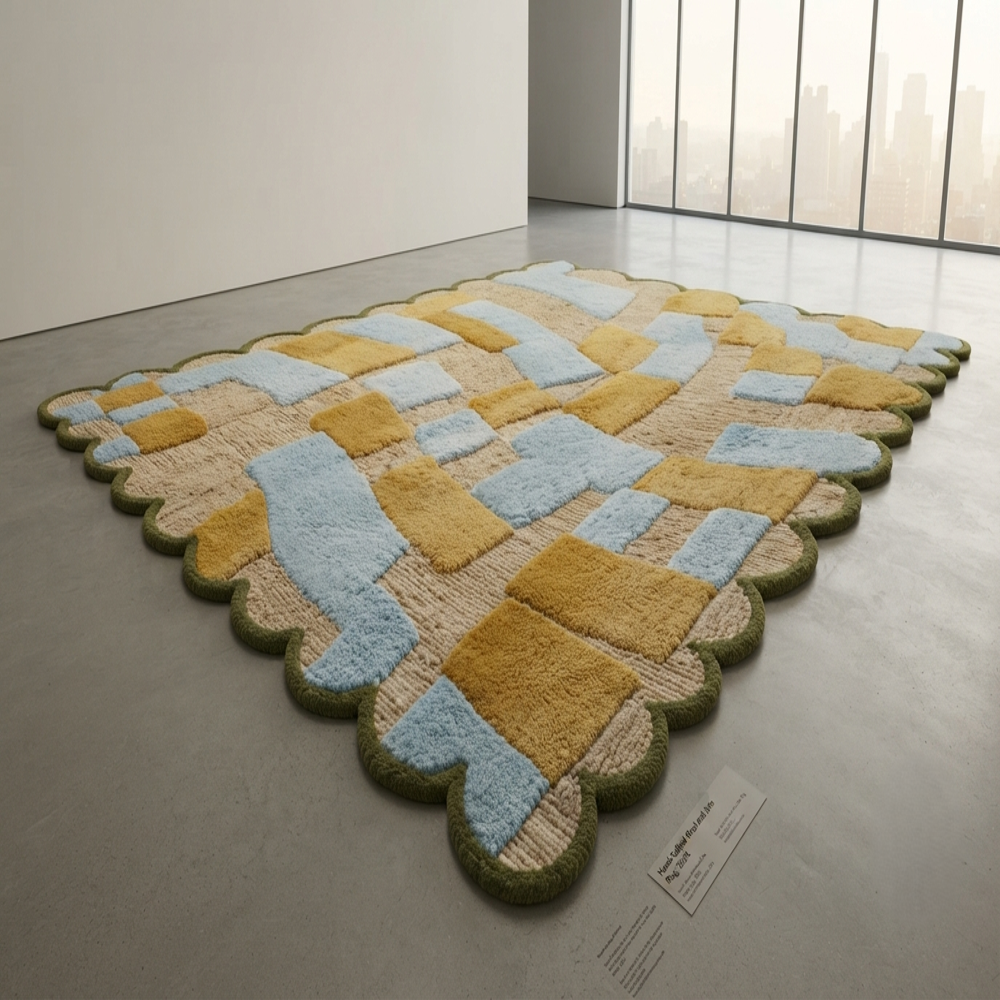 Handmade Scalloped Edge Geometric Abstract Patchwork Tufted Wool Rug - Sky Blue, Mustard & Olive
