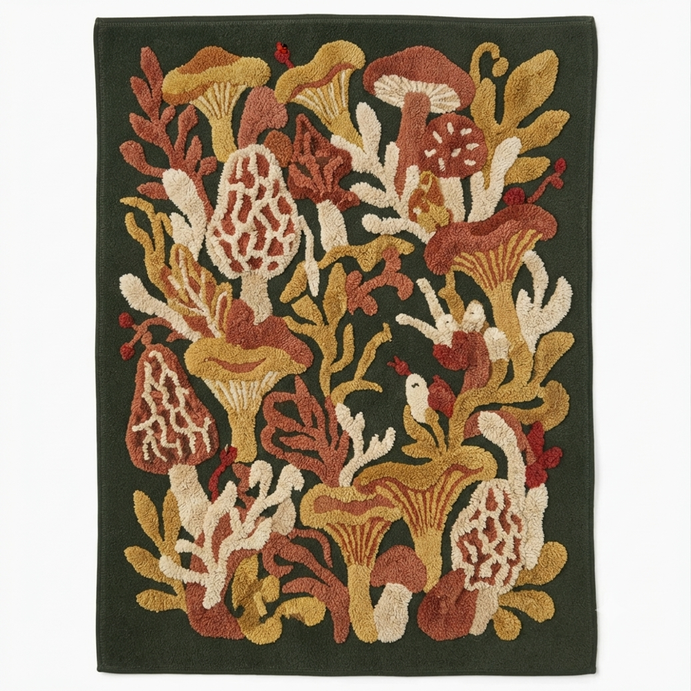 Hand-Tufted Aesthetic Modernist Mushroom Tapestry Statement Area Rug - Forest Green & Ochre
