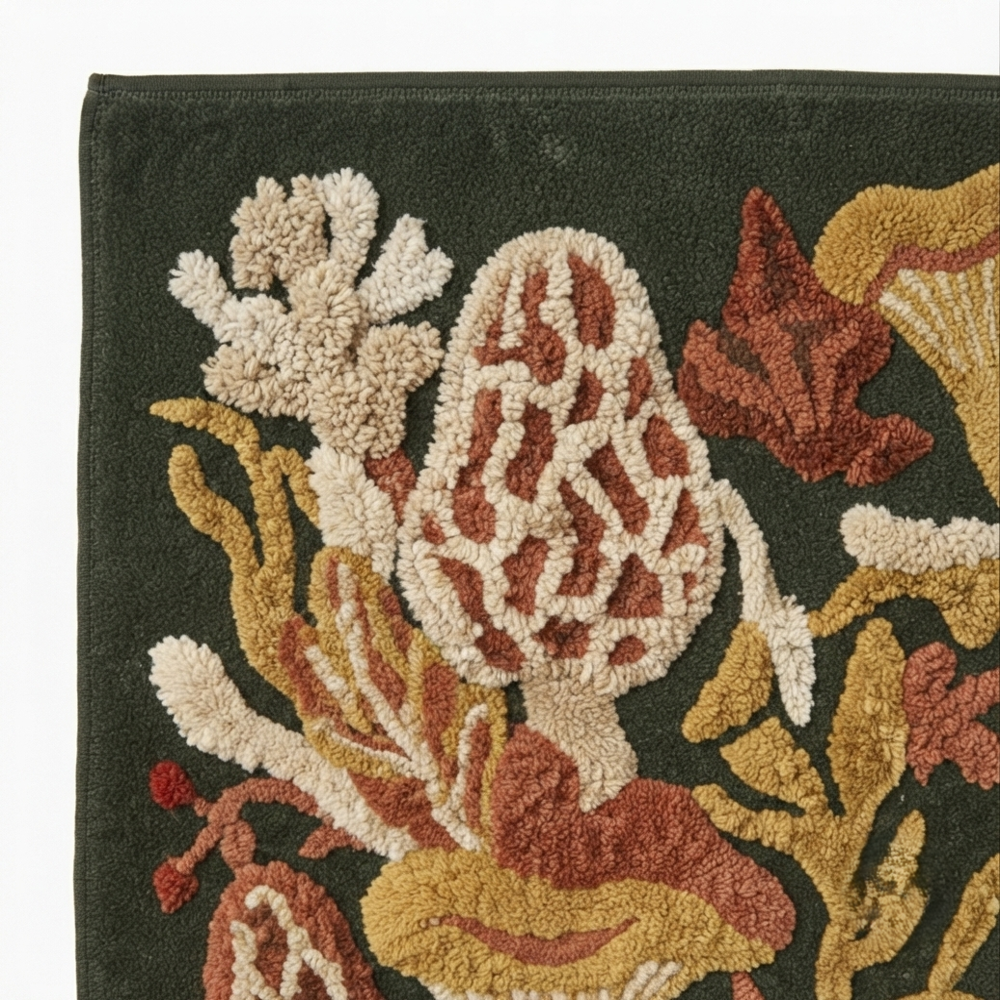 Hand-Tufted Aesthetic Modernist Mushroom Tapestry Statement Area Rug - Forest Green & Ochre