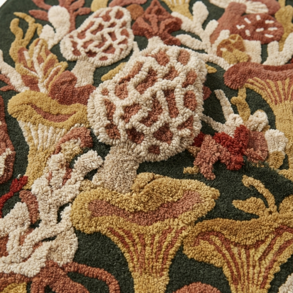 Hand-Tufted Aesthetic Modernist Mushroom Tapestry Statement Area Rug - Forest Green & Ochre