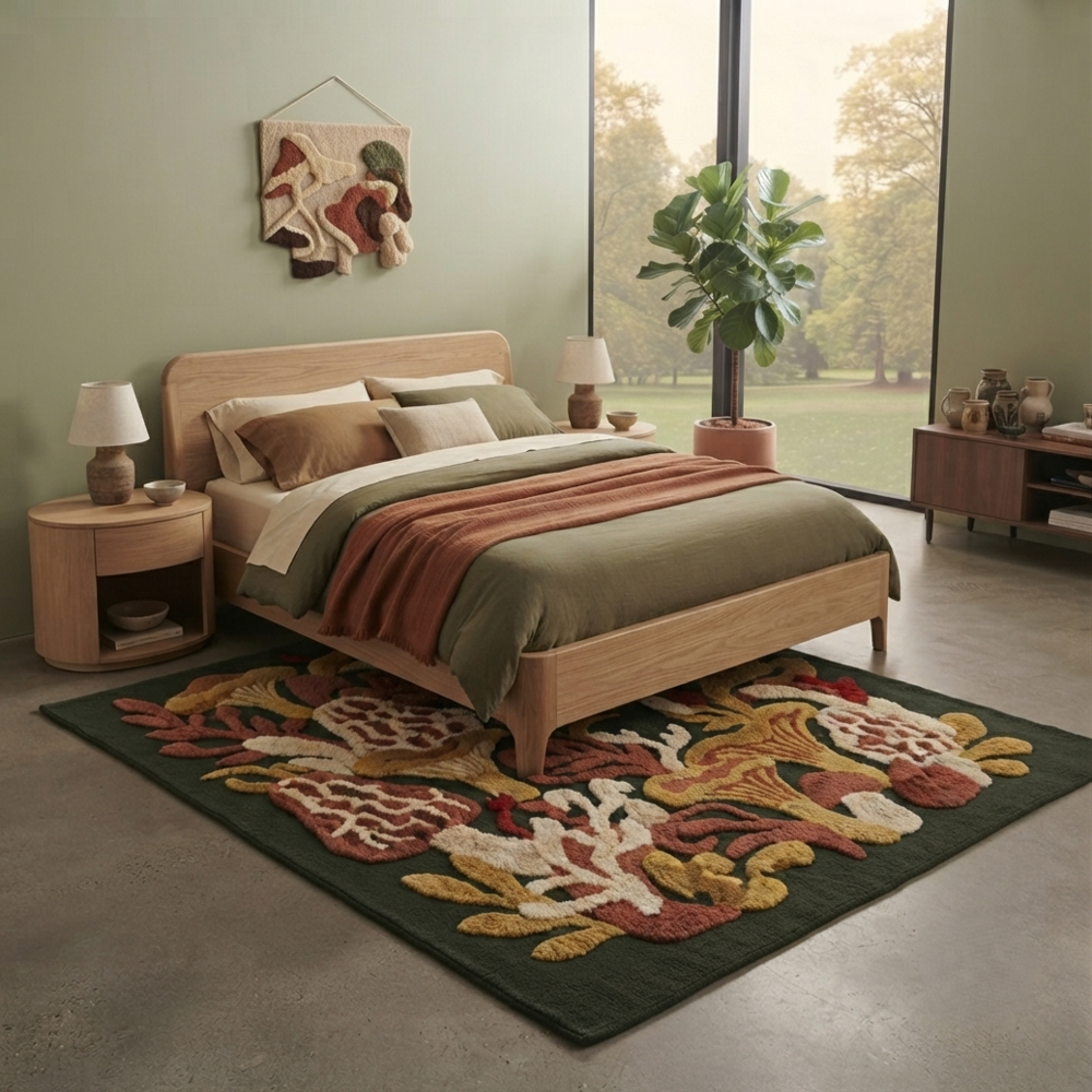 Hand-Tufted Aesthetic Modernist Mushroom Tapestry Statement Area Rug - Forest Green & Ochre