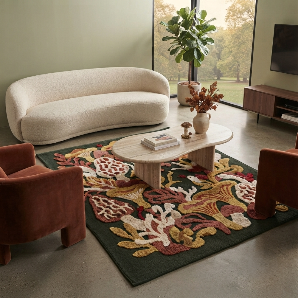 Hand-Tufted Aesthetic Modernist Mushroom Tapestry Statement Area Rug - Forest Green & Ochre