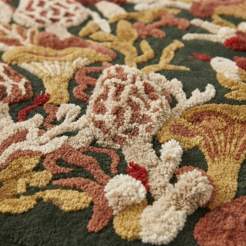 Hand-Tufted Aesthetic Modernist Mushroom Tapestry Statement Area Rug - Forest Green & Ochre