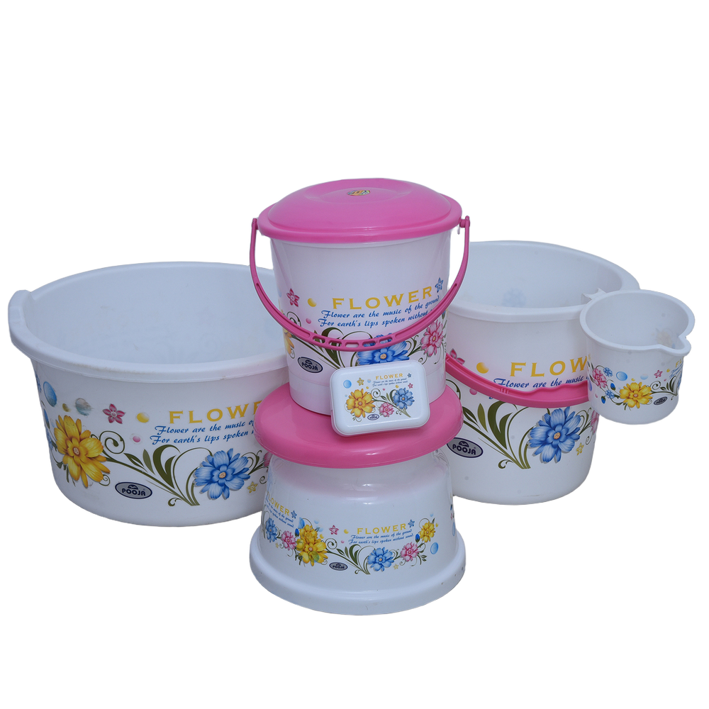 6 Pcs Floral Printed Bathroom Bucket Set