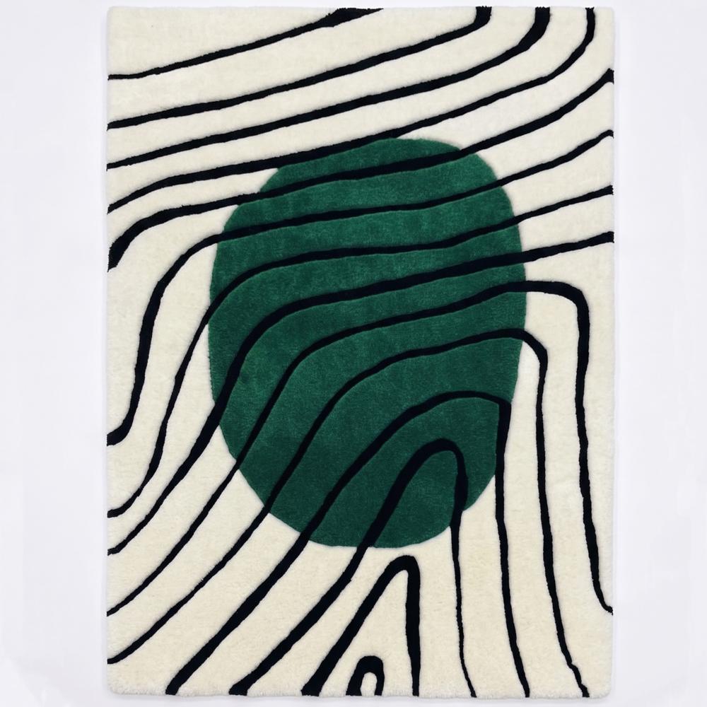 Handmade Modern Topographical Line Tufted Wool Rug - Emerald Green & Cream