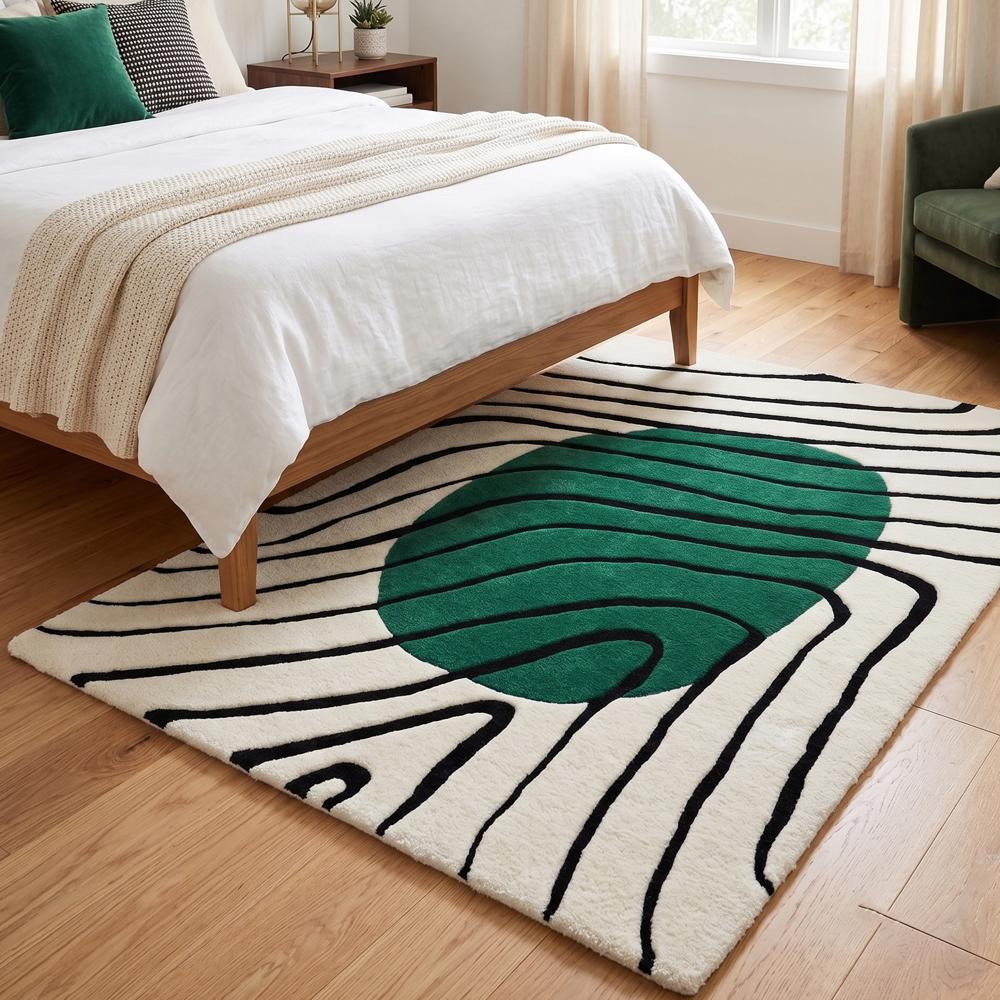 Handmade Modern Topographical Line Tufted Wool Rug - Emerald Green & Cream