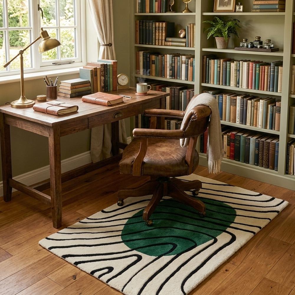Handmade Modern Topographical Line Tufted Wool Rug - Emerald Green & Cream
