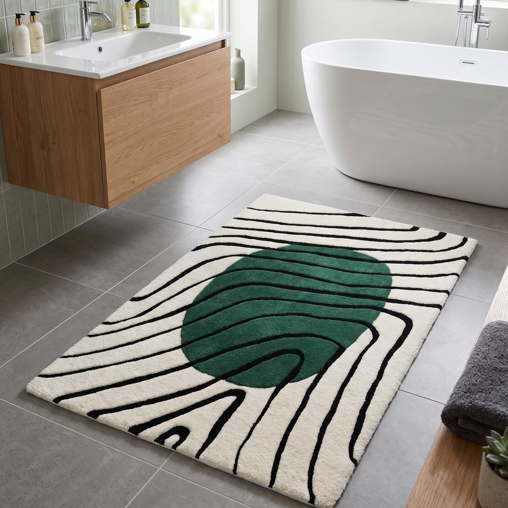 Handmade Modern Topographical Line Tufted Wool Rug - Emerald Green & Cream
