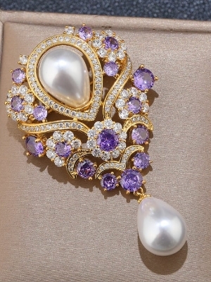 Gold Plated Pearl And Crystal Embellished Designer Brooch - Size: Standard