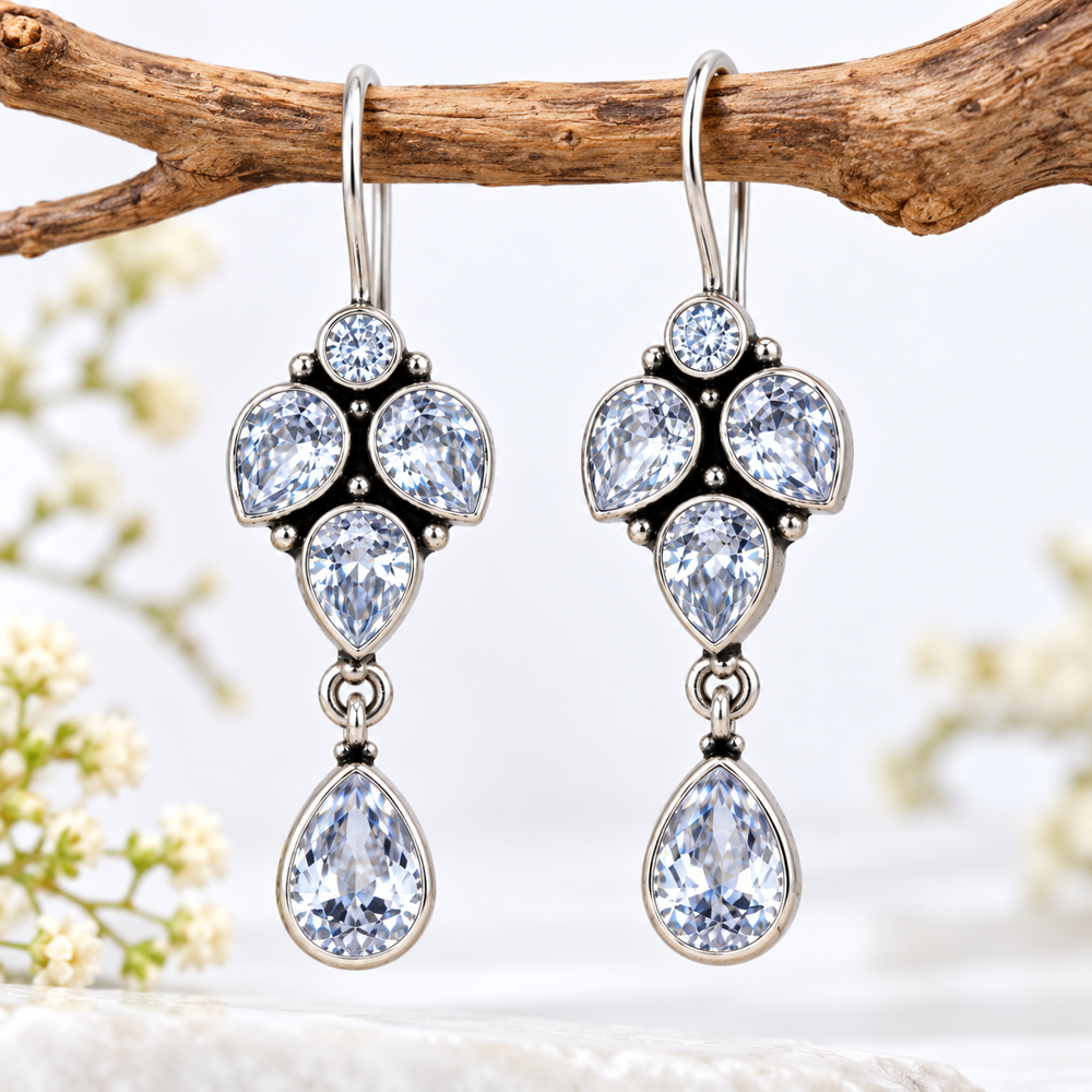 Stone Studded Metallic Dangle Earrings - Color: White