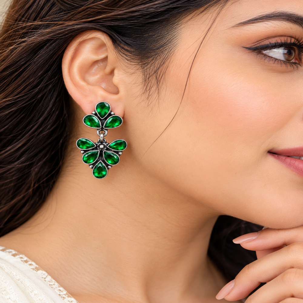 Green Stone Oxidized Silver Dangle Earrings - Grade: A
