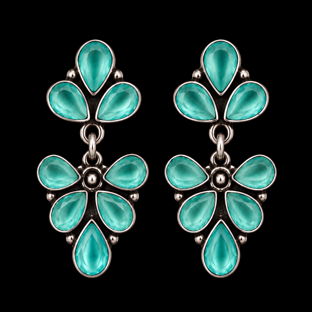 Teal Stone Metallic Dangle Earrings - Color: Green