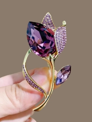 Purple Crystal Flower Brooch - Color: Gold