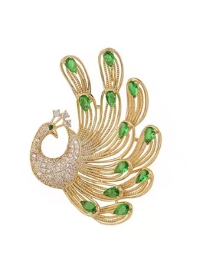 Emerald Feather Peacock Brooch - Color: Gold