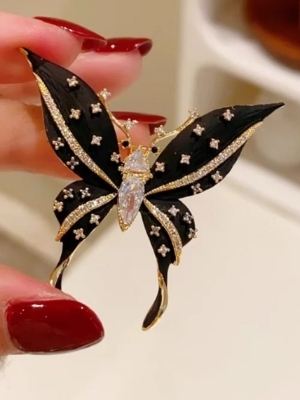 Elegant Black Butterfly Crystal Brooch - Color: Gold